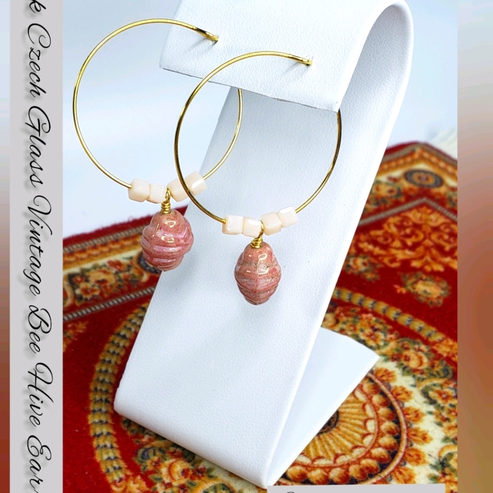 Pink Czech Glass Vintage Bee Hive Earrings